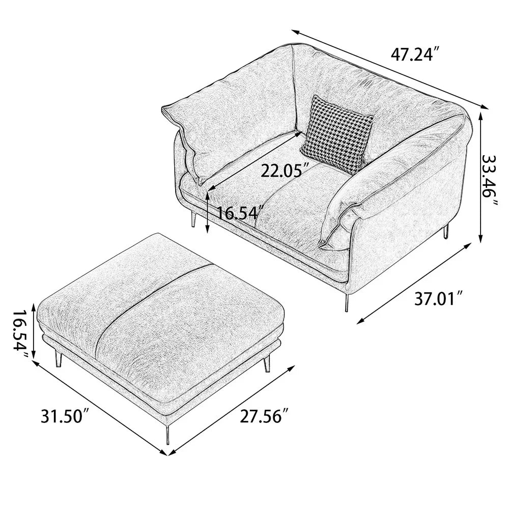 Green Velvet Cushion Arm Chair with Ottoman