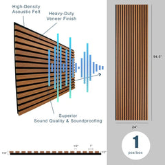 94" L x 24" W Acoustic Wood Wall Panelling, Decorative Soundproof Panels for Walls and Ceilings, 3D Slat Wood Wall Panels (1 PC)