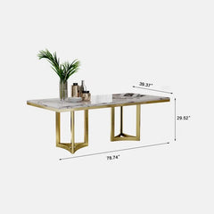Bura Modern Marble Dining Table,White Rectangular Tabletop Gold Stainless Legs
