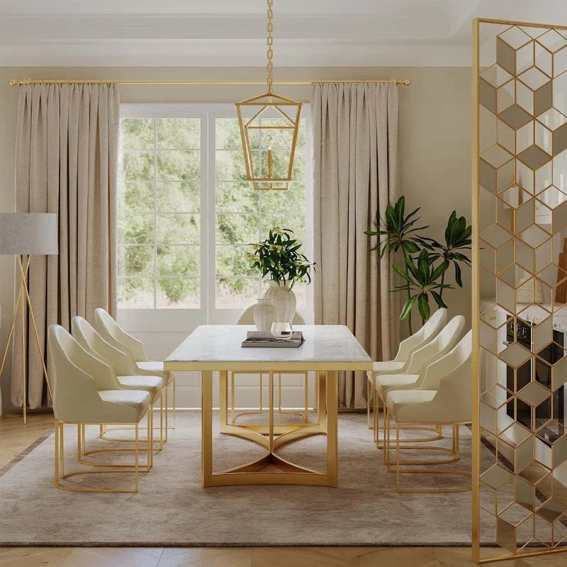 Bura Modern Marble Dining Table,White Rectangular Tabletop Gold Stainless Legs