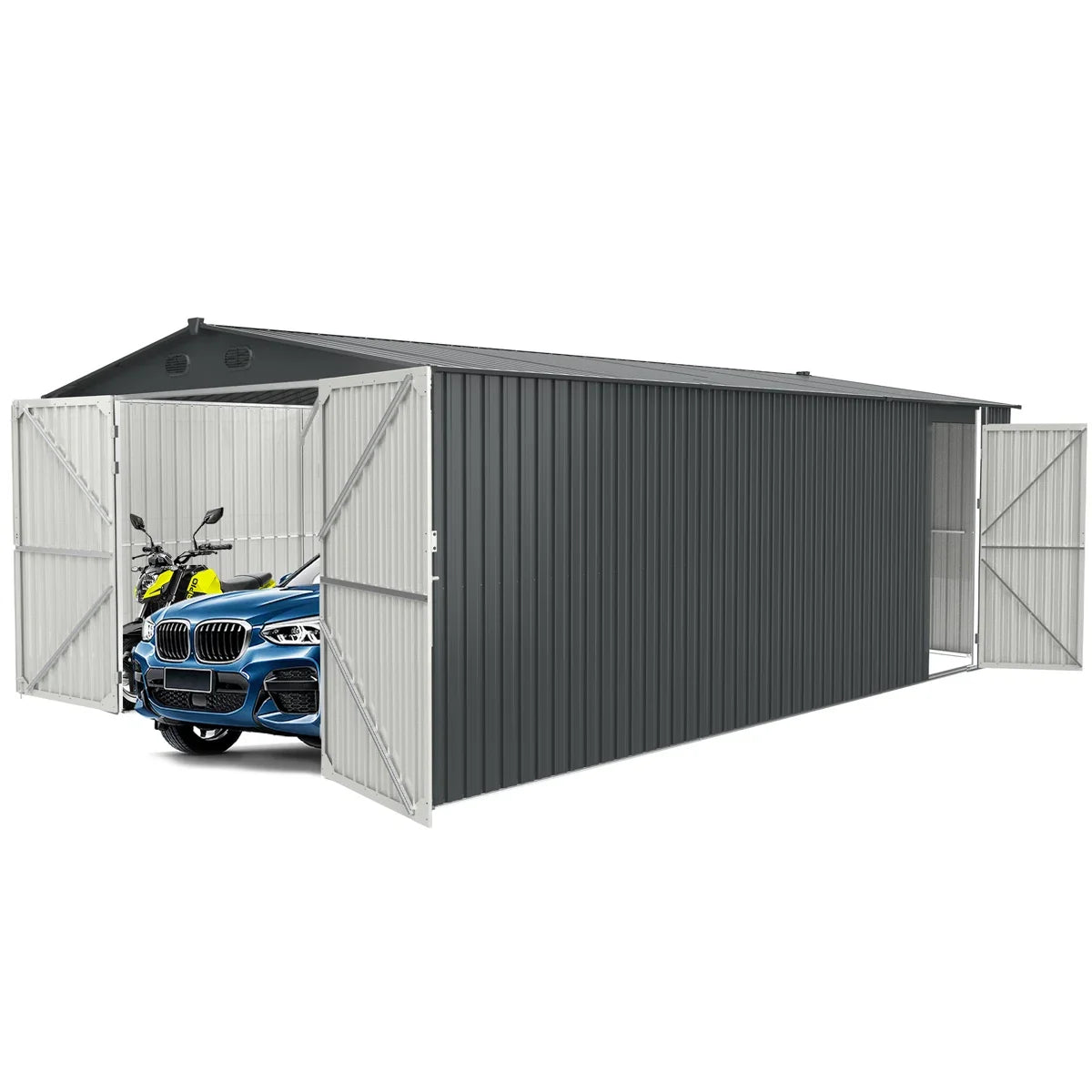Outdoor metal storage shed, 13 ft W x 20 ft D