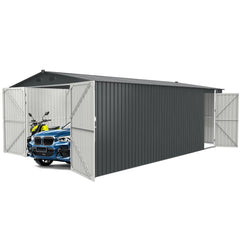 Outdoor metal storage shed, 13 ft W x 20 ft D