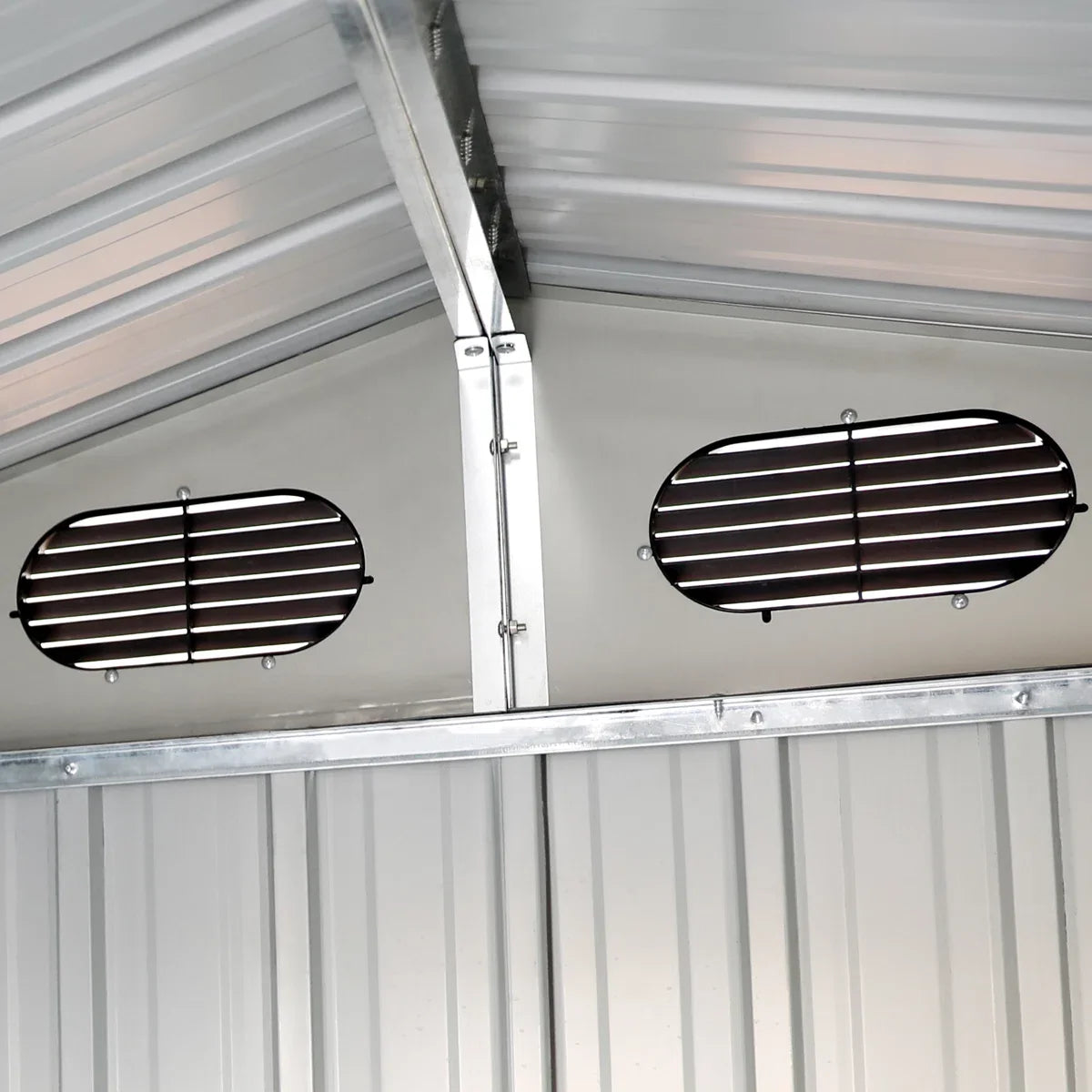 Outdoor metal storage shed, 13 ft W x 20 ft D