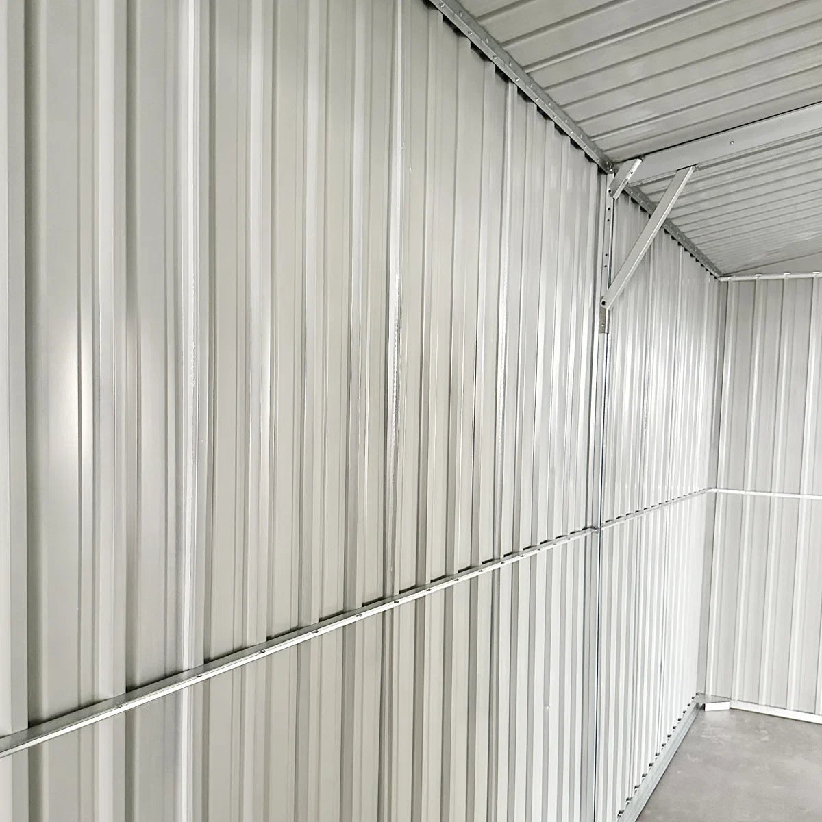 Outdoor metal storage shed, 13 ft W x 20 ft D