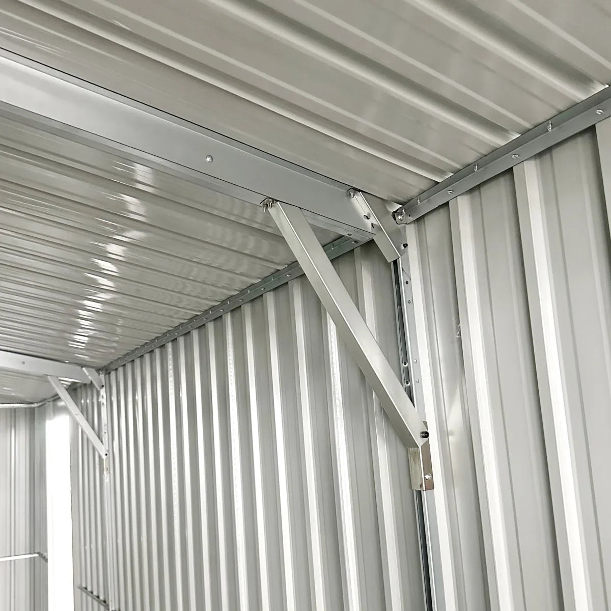 Outdoor metal storage shed, 13 ft W x 20 ft D
