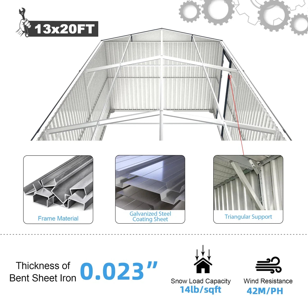 Outdoor metal storage shed, 13 ft W x 20 ft D