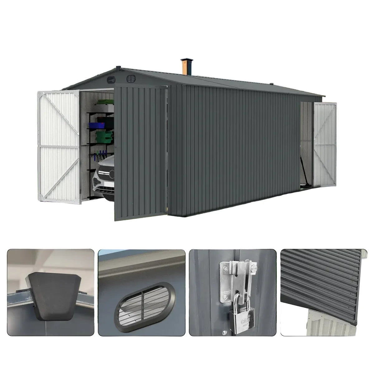 Outdoor metal storage shed, 13 ft W x 20 ft D