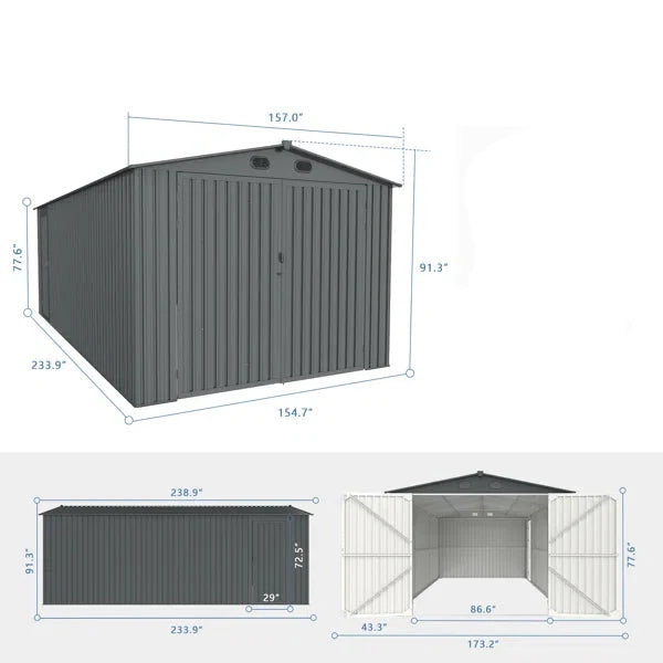Outdoor metal storage shed, 13 ft W x 20 ft D